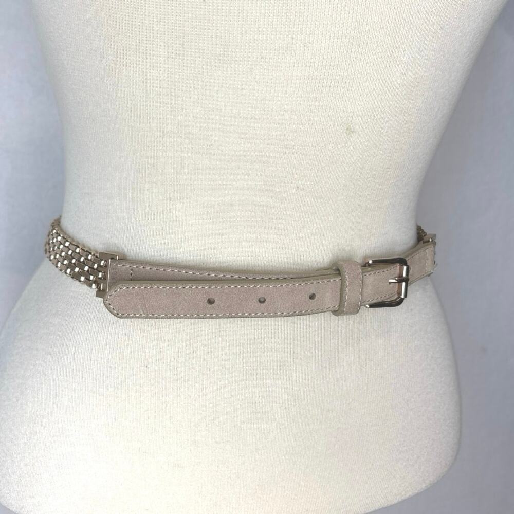 BCBGMaxAzria- Woman's Beige Leather-Trimmed Gold Chain-Link Belt Size Small